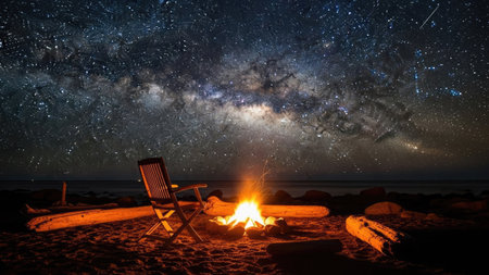 A campfire illuminates a beach at night, with a folding chair positioned nearby. The scene features a vivid display of stars across the night sky. The composition showcases warm light against a dark environment, suitable for various editorial and commercial projects that depict nature and travel themes.の素材