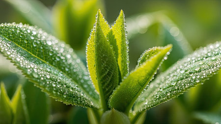 This macro shot features vibrant green leaves with glistening water droplets. The composition focuses on the delicate texture and form of the foliage, highlighted by soft natural lighting. It presents a clean, refreshing aesthetic, suitable for various editorial and commercial applications. The image offers versatile visual potential.の素材