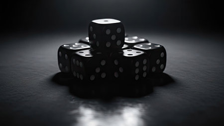 Six black dice are arranged artfully in this close-up shot. The composition features strong contrast and shadows creating a sense of depth and focus. The image uses dramatic lighting to emphasize the texture and form of the dice. Potential uses include designs related to games and gambling or editorial content.の素材