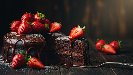 A rich chocolate cake topped with vibrant red strawberries is displayed. Dark chocolate ganache cascades down the cake's sides, enhancing its allure. The image captures a detailed presentation, highlighting the texture and freshness. Suitable for culinary, advertising, and editorial applications related to food and dessert.の素材