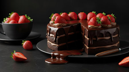 A rich chocolate cake is presented on a dark plate, topped with fresh strawberries. The image showcases the cake with a glossy chocolate glaze, and a cup of strawberries is nearby. The dark background creates a contrasting effect, and the scene is illuminated by subtle lighting. Ideal for culinary promotions and editorial content.の素材