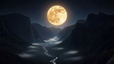 A stunning nighttime landscape showcases a luminous full moon. Dark silhouettes of mountains frame a winding river that meanders through the valley. The scene is bathed in a soft, ethereal glow, suggesting a serene outdoor environment. Suitable for editorial purposes and commercial projects related to nature.の素材