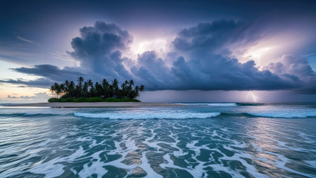 A tranquil seascape showcases a small, lush island under a dramatic, cloud-filled sky at dusk. The water reflects the sky's colors, with light reflecting off the waves. This image might be suitable for travel, environmental, or scenic themes for commercial or editorial applications.の素材
