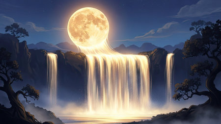 An illustration depicts a stunning fantasy scene of a full moon pouring down as a waterfall into a misty river. The image is rendered in a digital art style with soft colors of blue, gold, and white. This image could be used for various projects, including editorial features or commercial designs.の素材