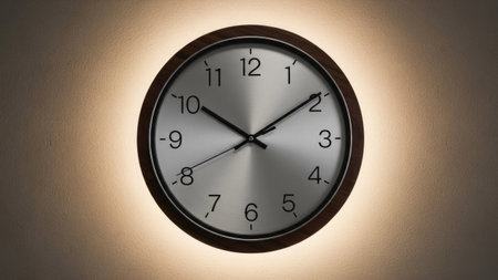 An analog clock with a silver face and black hands is the focal point, encased in a dark wooden frame. The backdrop is a soft, warm-toned wall, illuminated by diffused light. The composition features central placement, highlighting the clock's design. Suitable for time-related concepts or illustrating business and design projects.の素材