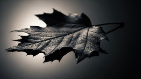 A striking close-up showcases a single, dark maple leaf. The image features high contrast with the leaf's intricate details visible against a bright backdrop. The composition suggests an isolated environment. Suitable for artistic projects, design elements, and various commercial applications, this image offers versatility.の素材
