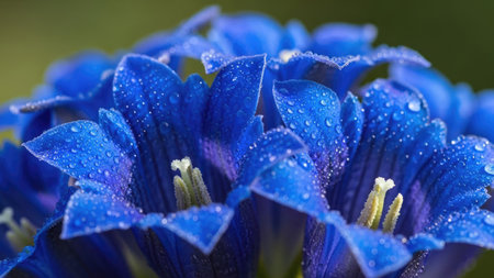 A macro photograph presents vivid blue flowers, their petals adorned with glistening water droplets. The composition emphasizes the intricate details and textures, set against a blurred background. The style suggests a focus on natural beauty, suitable for various editorial and commercial applications. The lighting suggests it might be taken during the day.の素材