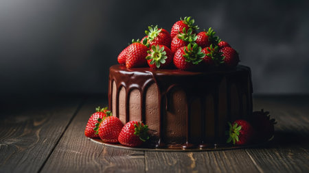 A chocolate cake topped with ripe strawberries is displayed on a wooden surface. The cake features rich chocolate ganache dripping down its sides. The composition showcases a dark background enhancing the vibrant red of the berries. Ideal for use in culinary and food-related visual media.の素材