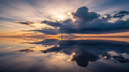 A stunning sunset scene showcases a reflective water surface mirroring a cloud-filled sky. The image features a vibrant color palette, ranging from oranges and yellows to deep blues and grays. It captures a sense of tranquility and natural beauty, potentially ideal for various commercial and artistic projects.の素材