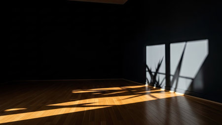 An interior shot captures a room with strong sunlight illuminating wooden flooring and casting bold shadows across dark walls. The composition highlights a stark contrast between light and dark, creating a dramatic effect. This image may be suitable for backgrounds or conceptual designs in a commercial context.の素材