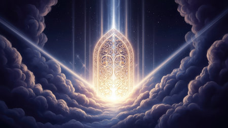 An ethereal artwork presents a glowing portal emitting radiant light. Fluffy clouds surround the entrance, forming a pathway. The composition uses cool blues and warm golds, enhanced by dramatic lighting. Suitable for illustrations in spiritual concepts, fantasy scenes, and symbolic editorial pieces.の素材
