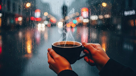 A person holds a cup of hot coffee in front of a window, with rain streaks obscuring a city backdrop. The scene is illuminated by warm, blurred lights and the steam rising from the cup. The composition and colors evoke a sense of coziness and tranquility, suitable for various editorial and commercial applications.の素材