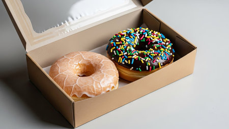 Two donuts, one glazed and one with colorful sprinkles, sit inside an open cardboard box. The composition is a top-down view with soft, even lighting. Textures include the smooth glaze and the rough surface of the sprinkles. The image could be used for food-related projects or marketing materials.の素材