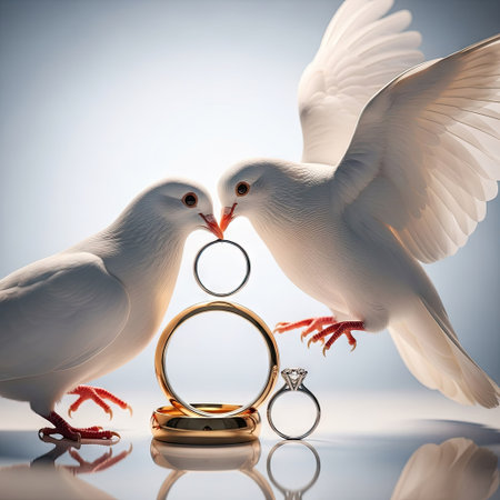 Two white doves are facing each other with wedding rings in their beaks, in a soft, bright, and airy ambiance. The doves feature detailed feathers, vibrant red feet, and a warm glow. The composition conveys a sense of unity and celebration. Suitable for various projects relating to love and matrimony.の素材