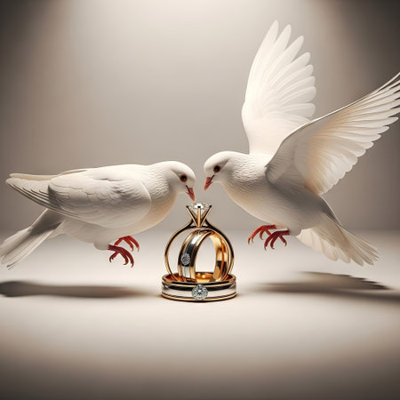 Two pristine white doves surround a golden engagement ring, showcasing elegance and purity. The image features soft lighting and a neutral background, highlighting the avian subjects and the ring. The overall composition suggests themes of love, marriage, and new beginnings, suitable for various editorial and commercial applications.の素材