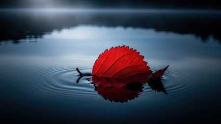 A striking red leaf gently floats on a tranquil water surface. The image highlights the leaf's texture and color, set against the darker tones of the water, creating a contrast. The composition suggests a serene outdoor setting with diffused lighting, suitable for various editorial and commercial applications.の素材