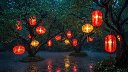 Numerous red and yellow lanterns hang from tree branches, creating a warm, inviting glow. The scene features a low-angle perspective, with reflections on the water. The composition showcases rich colors and soft lighting, ideal for design, decorative purposes, or illustrating festive events.の素材