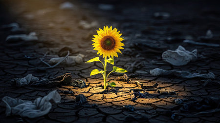 A single sunflower stands tall in a cracked, dry landscape, bathed in warm light. The image features a contrast between the plant's bright yellow petals and the dark, textured ground. It evokes themes of resilience and hope and could be suitable for environmental or artistic projects.の素材