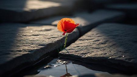 A single, vivid red poppy gracefully emerges from a cracked stone surface. The image showcases the flower's delicate petals against the rough texture of the stone, with sunlight casting shadows. The composition suggests resilience. Suitable for illustrative, editorial, and commercial applications.の素材