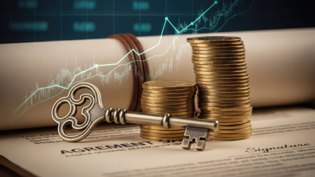 A close-up view presents a vintage key alongside stacks of gold coins and a rolled document. The scene features a financial graph superimposed in the background. The composition uses a warm color palette with a shallow depth of field, suitable for illustrating business, finance, or investment themes.の素材