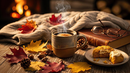 A steaming cup of coffee sits amidst autumnal elements. A cozy sweater, a book, and glasses are placed beside the coffee. Vivid red and yellow leaves create a colorful scene. The composition suggests a warm and inviting indoor setting, potentially suitable for editorial content or commercial applications.の素材