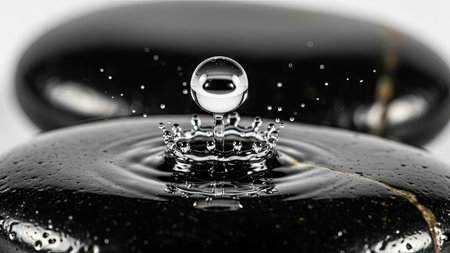 A close-up photograph captures a water droplet impacting a smooth, black stone, generating a crown-shaped splash. The composition emphasizes the contrast between light and dark, with the droplet and splash brightly illuminated. This image could be used for various purposes, including illustrating concepts of purity or natural elements.の素材