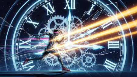 An illustration depicts a runner breaking through a clock face composed of gears and shattered glass. Bright yellow energy streaks burst from the runner, contrasting with the cool blue and gray tones. The image suggests speed and overcoming obstacles. Suitable for conceptual illustrations related to time, competition, or achievement.の素材