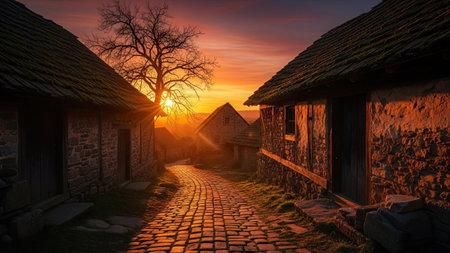 An inviting sunset illuminates a quaint village street lined with aged houses. The composition features a cobblestone path winding through the scene. The warm hues of the sunset create a dramatic lighting effect across the scene. The image is suitable for use in historical or travel articles and various commercial projects.の素材