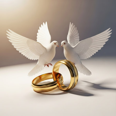 Two pristine white doves face each other, with open wings. Beneath the birds are two intertwined golden rings. The image displays soft lighting and subtle shadows against a blurred background. This illustration could be suitable for various celebratory designs or commercial projects, emphasizing themes of relationships.の素材