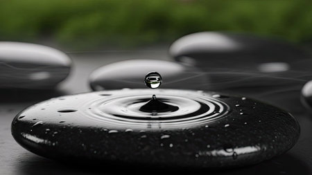 A water droplet impacts a smooth, dark stone, generating concentric ripples. The image features a shallow depth of field, highlighting the droplet and stone's texture. The color palette is primarily shades of black and gray, with soft, natural lighting. This image could be suitable for wellness, relaxation, and design projects.の素材