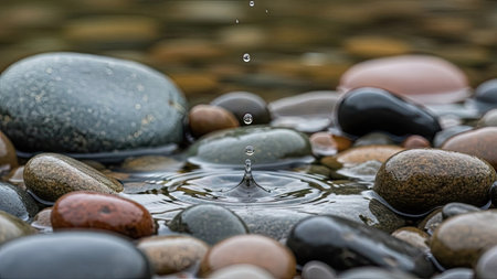 A close-up view presents a water droplet impacting water, creating ripples. The scene showcases a collection of smooth, colorful stones in various sizes. The lighting appears soft, suggesting an outdoor setting with diffused light. This image could be suitable for nature-related articles, environmental content, or illustrative purposes.の素材