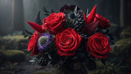 A striking bouquet of red roses dominates the view, accented by darker floral elements. The arrangement displays varied textures and hues of red, purple, and green. The lighting suggests a diffused, possibly forest setting. This image is well-suited for decorative projects and various creative endeavors.の素材