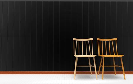Two chairs on the black wall. 3D renderingの写真素材