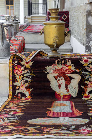 Old oriental antiques barass jungs and vases on street market in Baku, Azerbeijan.の写真素材