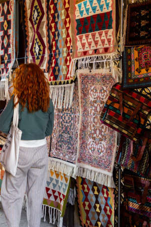 Ancient oriental handmade carpets at Old Town Baku streets. Baku Azerbaijan.