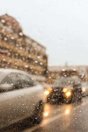Rainy day bokeh background scenes at roads of Bakuの写真素材