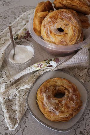Valentine's day romantic Breakfast with green tea and donuts.の写真素材