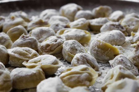Meat dumplings dazzled and rolled in flour lie on a table
