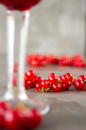 Red currant in a shot glass, the rest is scattered around it on a gray textured background. High quality photoの写真素材