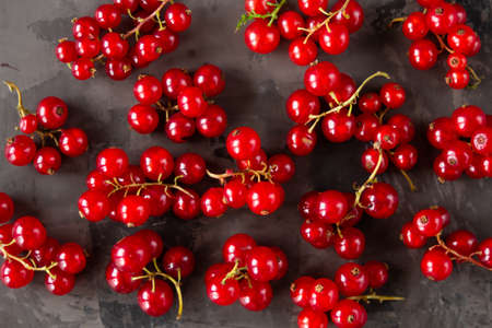 Red currants scattered over a gray texture background. High quality photoの写真素材