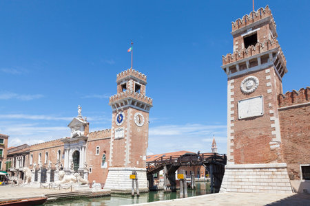 Entrance to the Arsenale, Castello, Venice, Veneto, Italy showing both the terrestrial gate with its sculptures and entrance on Rio de l'Arsenale canal. It was a huge medieval shipyard and armouryのeditorial素材