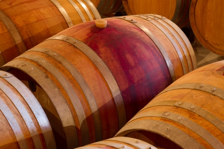 Selected wine varieties go through the aging process in oak wine barrels  in a winery cellar on...