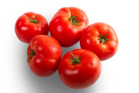 Delicious fresh water sprinkled tomatoes isolated on white.の写真素材