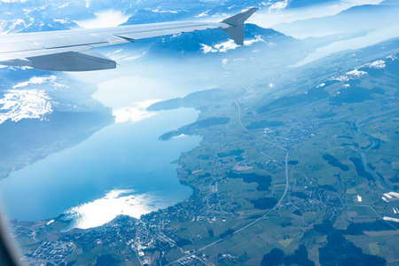 Blue planet earth unique alpine aerial panorama. High altitude aerial view of Swiiss Alps lakes,...
