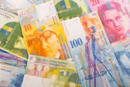 Money bills of 100, 50, 20, and 10 CHF Swiss banknotesの写真素材