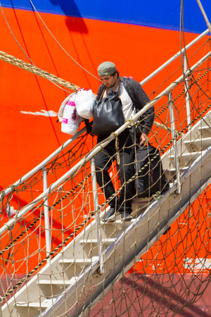Heraklion, Grete, Greece , September 5 2017: Rescued immigrants arriving at Heraklion, Crete, Greece on board a Malysian chemicals-oil tanker . Editorial imageのeditorial素材