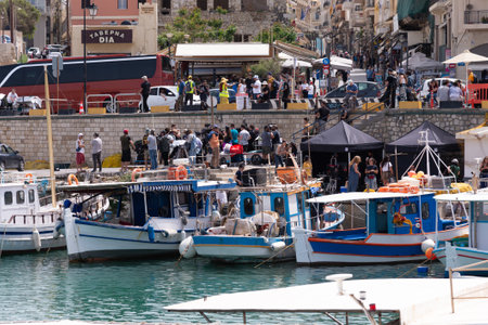 HERAKLION, CRETE, GREECE, MAY 15, 2023. Film cast and set crew filming Amazon movie Killer Heat at Heraklion Venetian port, Crete, starring Joseph Gordon, Shailene Woodley, Richard Maddenのeditorial素材