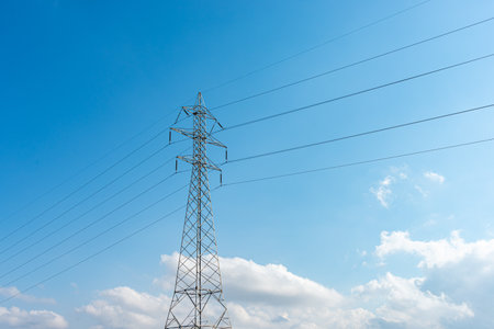 Steel pylon with high voltage electric energy distribution lines.の写真素材