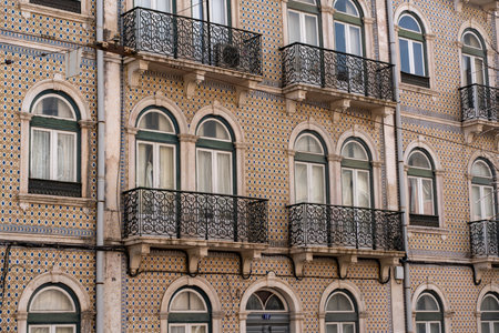 Old building front with balconies in Lisbon, Portugalの写真素材