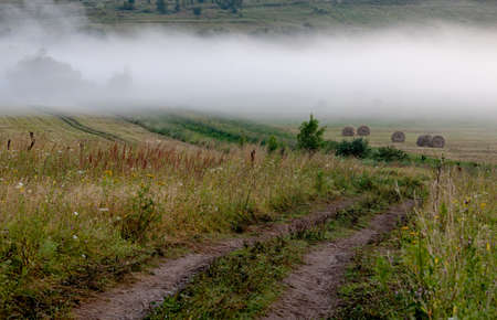 Road running through a field on the right haystack fog in the summer early morning